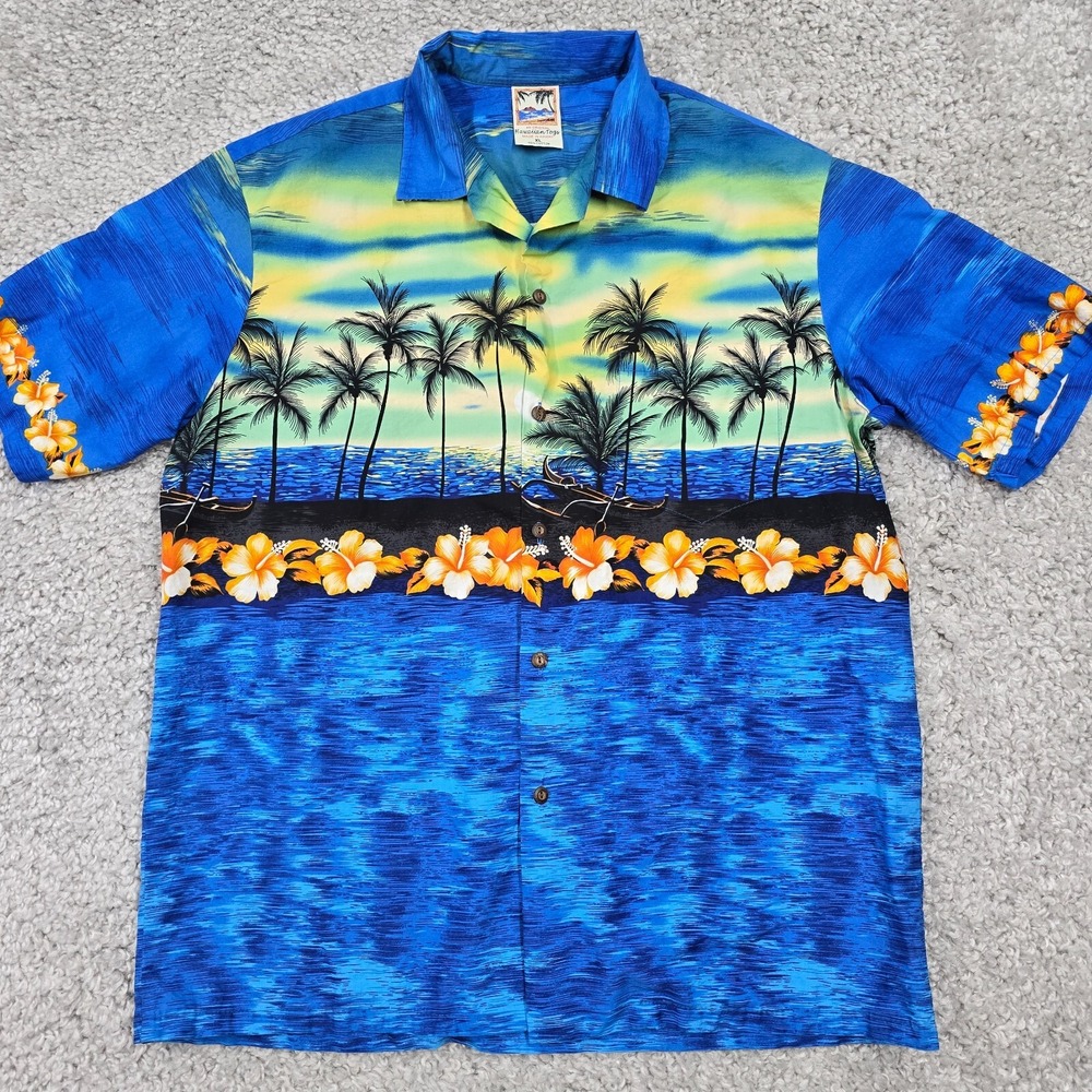 Hawaiian Togs Aloha Shirt Mens XL Blue Tropical Sunset Palm Tree Hibiscus Beach